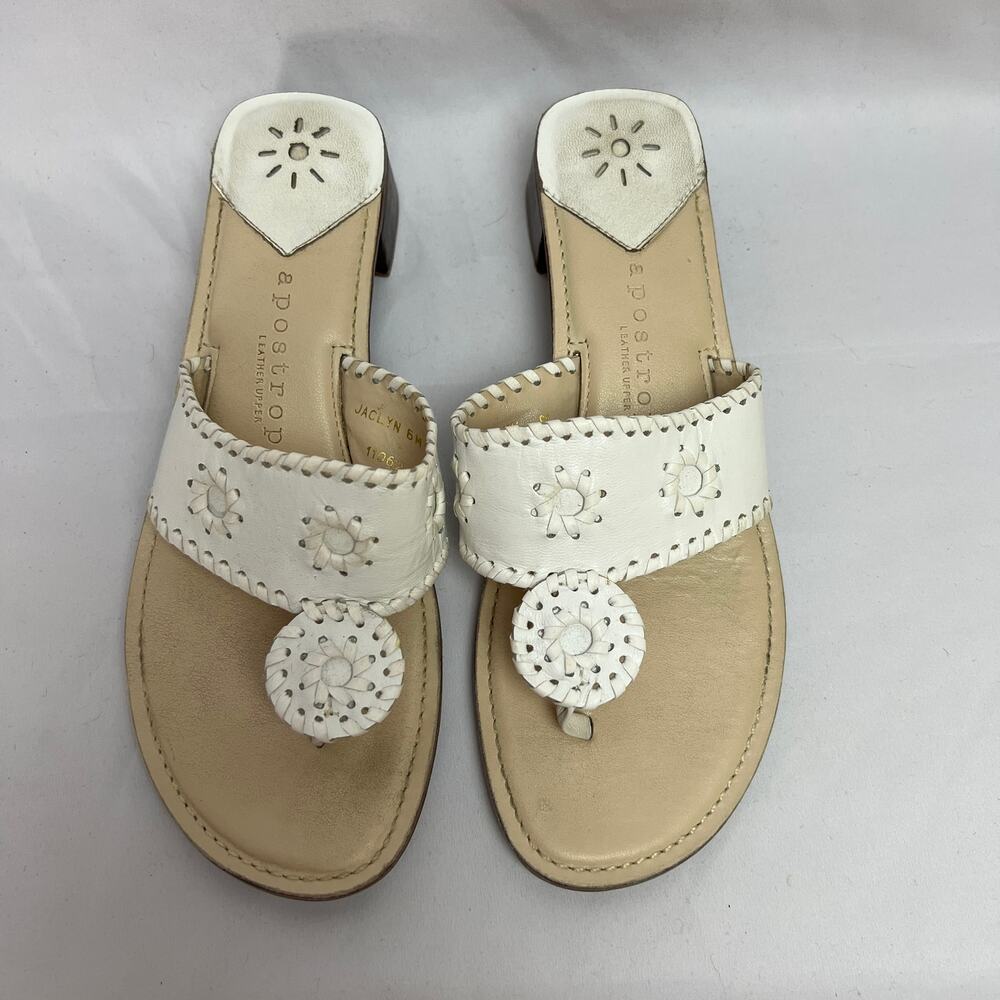 Apostrophe Leather Thong Sandals White Block Heel Slide Women 6 Boho Resort Chic